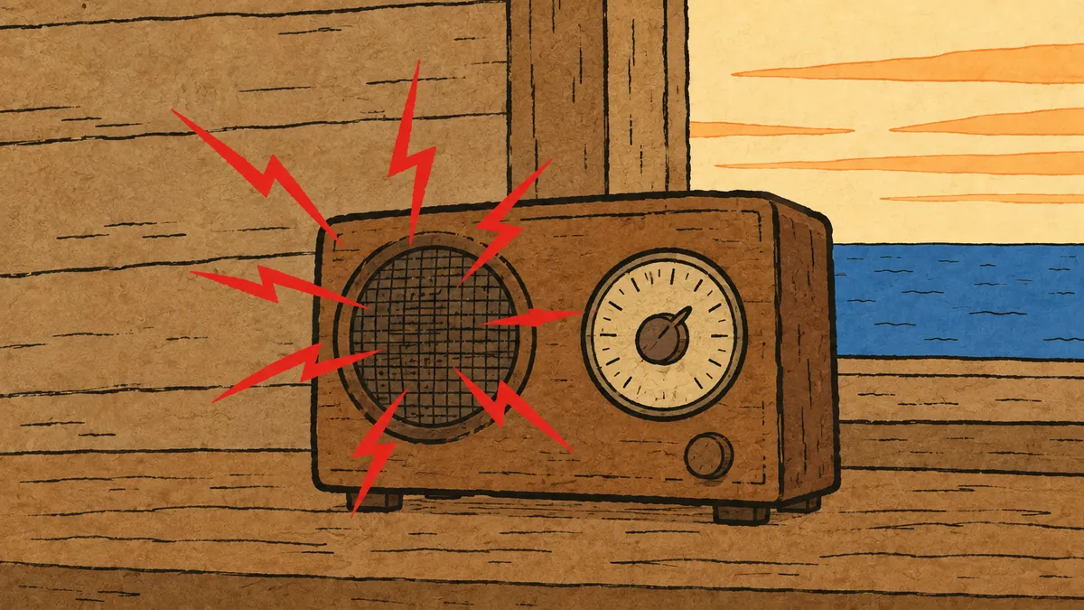 Tekening: een oude radio in een houten hut, met rode bliksemschichten van ruis rond de luidspreker