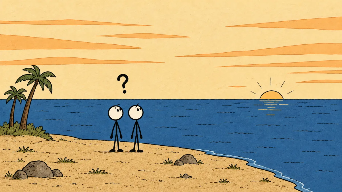 Tekening: twee poppetjes met een vraagteken staan op een strand met palmbomen bij zonsondergang
