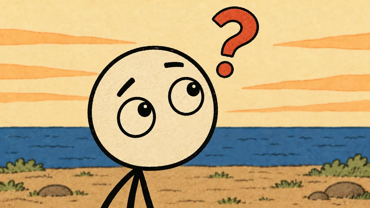Tekening: een groot poppetjesgezicht kijkt omhoog naar een rood vraagteken, met zee en strand op de achtergrond
