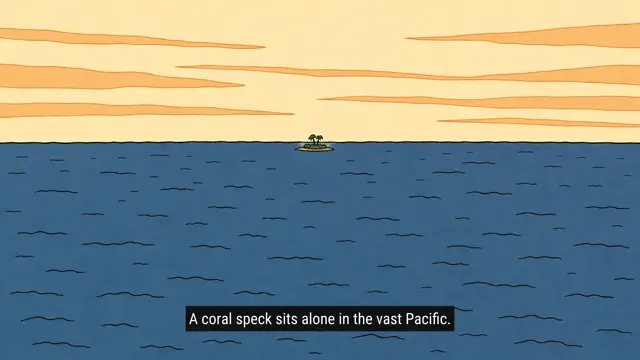 Openingsbeeld: een eindeloze oceaan met één klein eiland, met een kaartpin