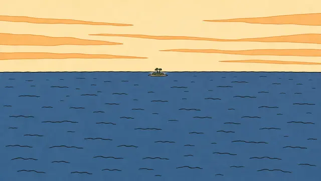 Tekening: een eindeloze blauwe oceaan met één piepklein eilandje