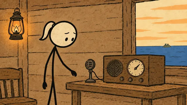 Tekening: een figuurtje met paardenstaart kijkt bedroefd naar een radio bij lantaarnlicht