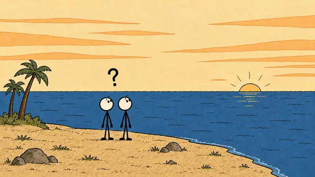 Tekening: twee figuurtjes met een vraagteken op een strand bij zonsondergang