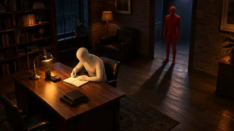 Een witte mannequin schrijft aan een bureau, een rode staat in de deur