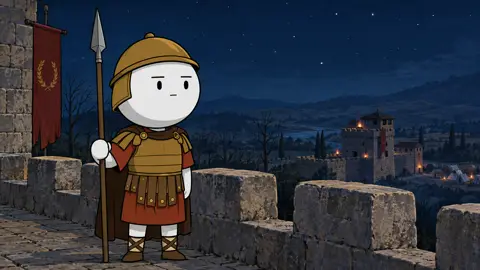 Een Romeinse soldaat met een ronde witte kop op een muur