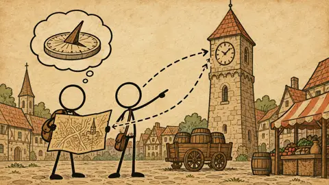Twee getekende figuurtjes met een kaart in een oud stadje