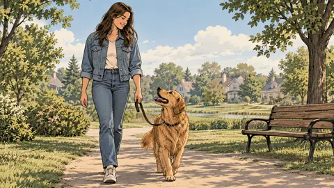 Een getekende vrouw laat een hond uit in het park