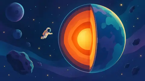 Een astronautje naast een opengewerkte planeet