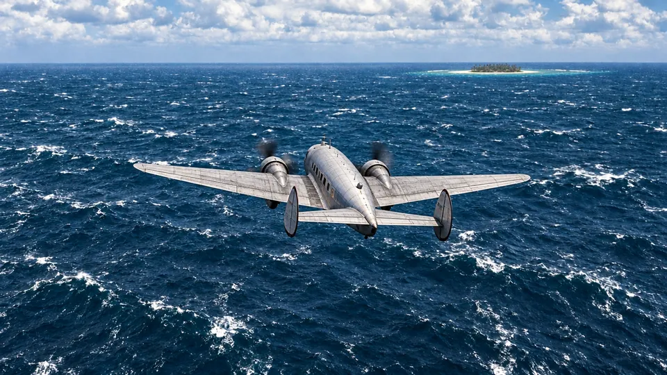 Thumbnail: een zilveren propellervliegtuig boven een woelige oceaan, met in de verte een klein eiland
