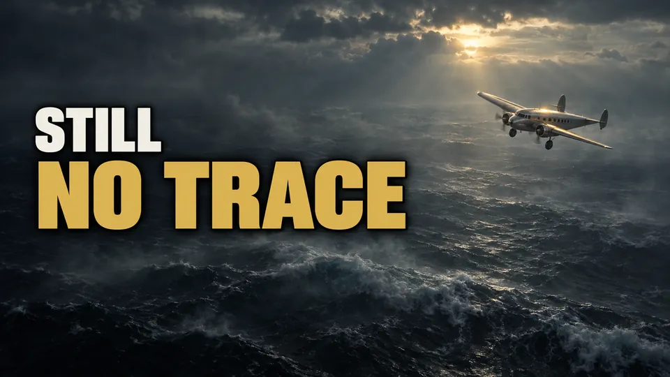 Thumbnail: een vliegtuig in een storm boven zee, met de tekst Still no trace
