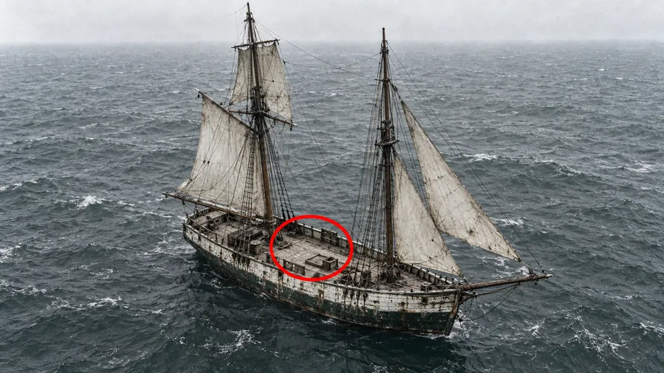 Thumbnail: een verlaten zeilschip op grijze zee, met een rode cirkel om het dek