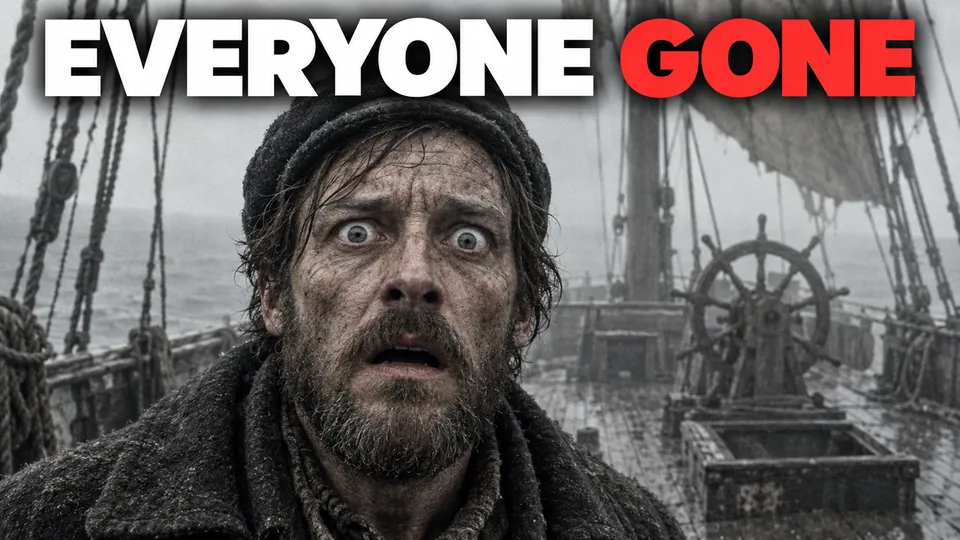 Thumbnail: een geschrokken zeeman aan dek, met de tekst Everyone gone