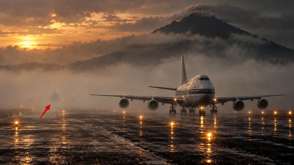 Thumbnail: een jumbojet op een mistige startbaan bij zonsondergang, met een rode pijl naar een tweede toestel