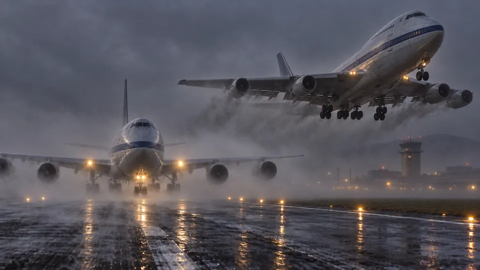 Thumbnail: twee jumbojets op een natte startbaan, de een stijgt op boven de ander