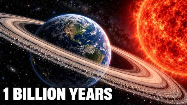 Voorbeeldthumbnail gemaakt met Tuby: de aarde met een ring als van Saturnus naast een rode zon, met de tekst 1 billion years