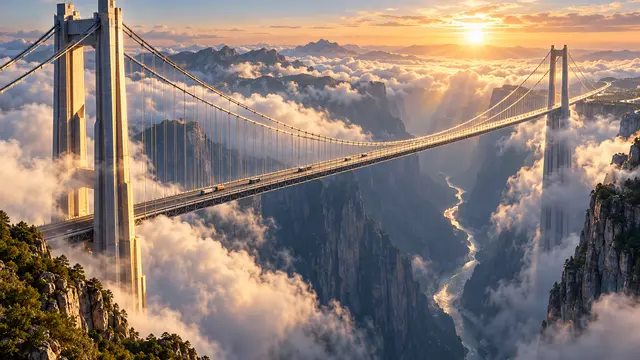 Voorbeeldthumbnail gemaakt met Tuby: een gigantische hangbrug boven een kloof vol wolken