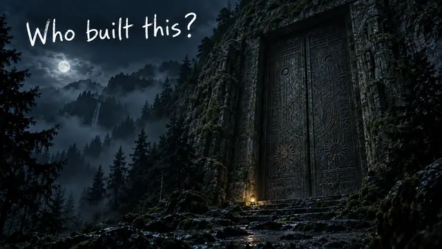 Voorbeeldthumbnail gemaakt met Tuby: een reusachtige stenen deur in een berg bij nacht, met de vraag Who built this?