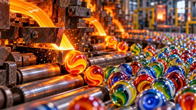 Voorbeeldthumbnail gemaakt met Tuby: gloeiend glas dat in een fabriek tot knikkers wordt gerold