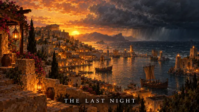 Voorbeeldthumbnail gemaakt met Tuby: een schilderachtige havenstad bij avondrood, met de titel The Last Night