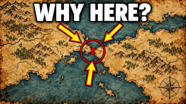Voorbeeldthumbnail gemaakt met Tuby: een oude kaart met een smalle zeestraat, rood omcirkeld, met de vraag Why here?
