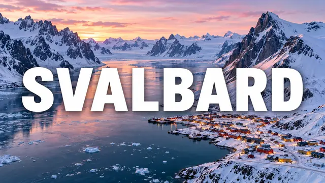 Voorbeeldthumbnail gemaakt met Tuby: een luchtfoto van een besneeuwde fjord met een klein dorp, met de tekst Svalbard