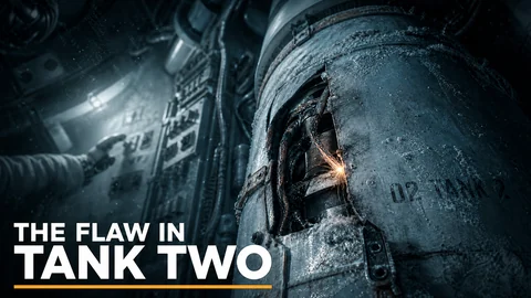 Thumbnail: het beschadigde ruimteschip van Apollo 13 in het donker, met de tekst The flaw in tank two
