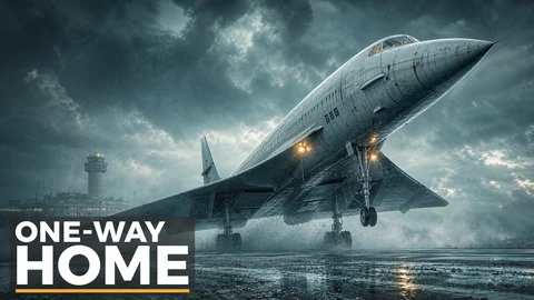 Thumbnail: de Concorde op een natte startbaan onder donkere wolken, met de tekst One-way home