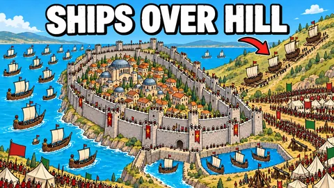 Thumbnail: een getekende stad met muren en schepen die over een heuvel worden getrokken, met de tekst Ships over hill