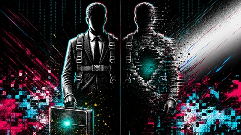 Thumbnail: twee silhouetten van een man in pak met een koffertje, in glitchkleuren