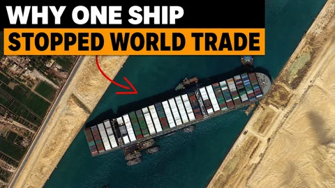 Thumbnail: satellietbeeld van een containerschip dwars in een kanaal, met de tekst Why one ship stopped world trade