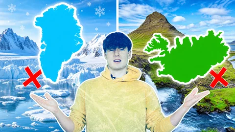 Thumbnail: een presentator tussen een kaart van Groenland en een groen IJsland