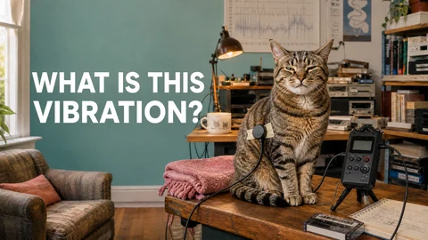 Thumbnail: een kat met een meetapparaat in een studeerkamer, met de tekst What is this vibration?