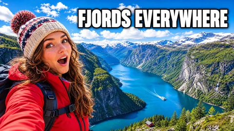 Thumbnail: een verbaasde wandelaar voor een fjord, met de tekst Fjords everywhere