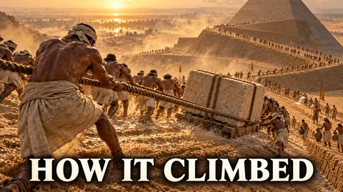 Thumbnail: arbeiders trekken een steenblok op een helling naar een halve piramide, met de tekst How it climbed