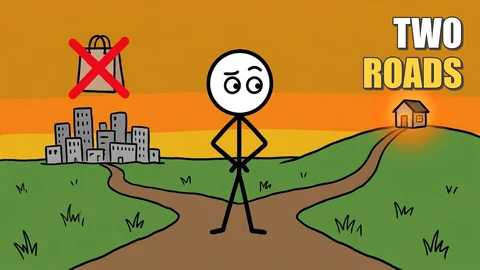 Thumbnail: een stickman bij een splitsing van twee wegen bij zonsondergang